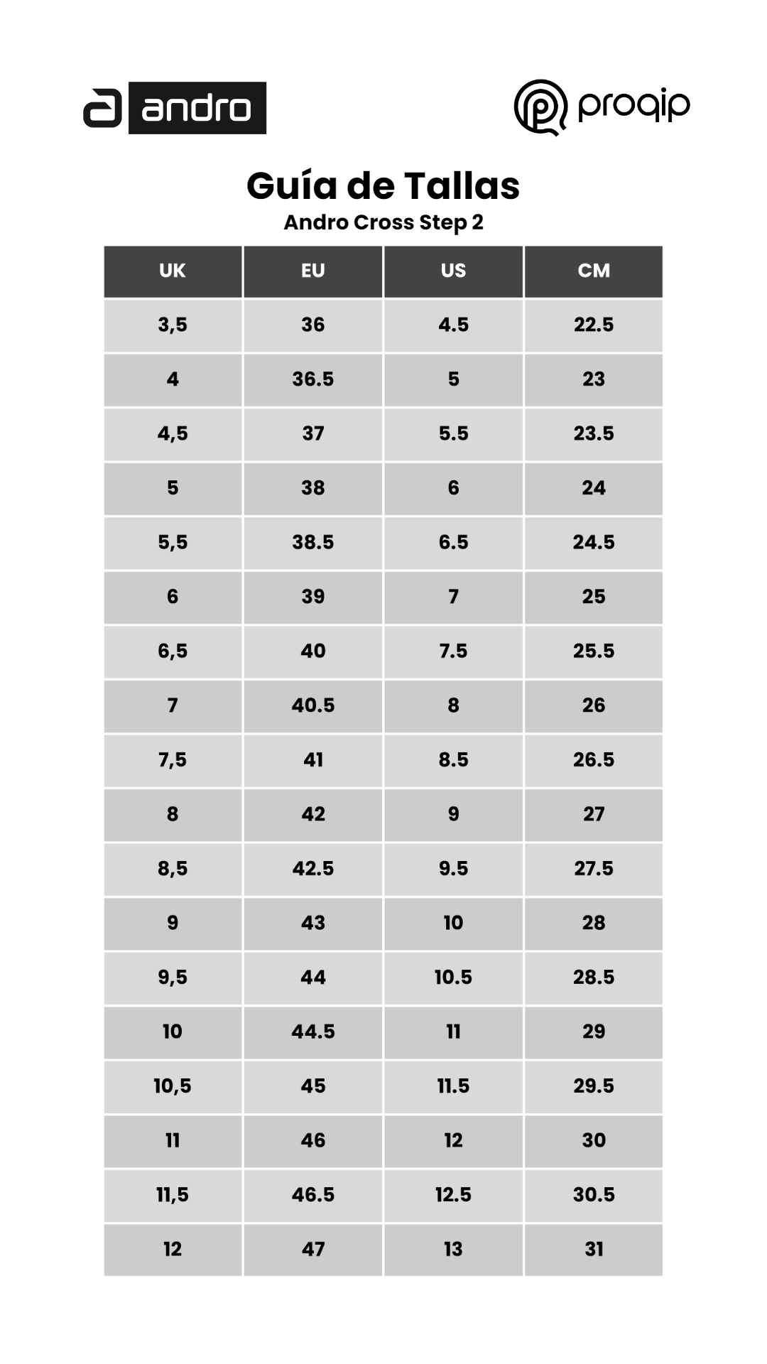 tabla tallas zapatilla andro cross step tenis de mesa ping pong chile proqip store tienda online